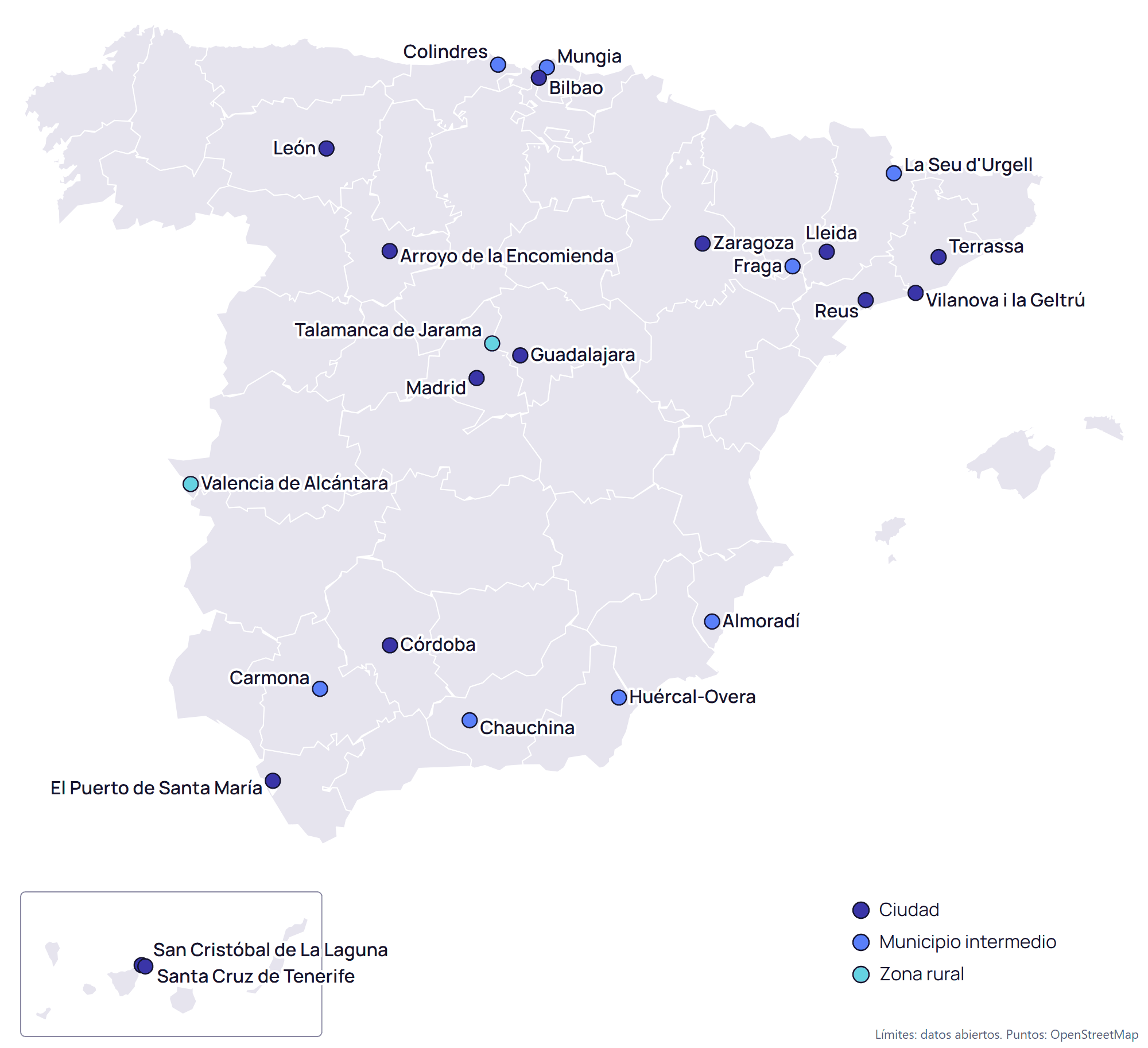 Mapa de España con las 24 localidades candidatas: 14 ciudades, 8 municipios intermedios y 2 zonas rurales